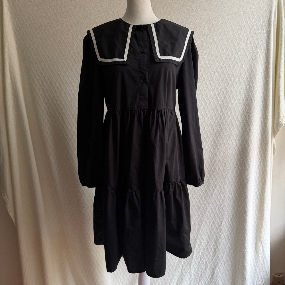 Sailor Collar Babydoll Tiered Mini Dress Black Cotton Dark Academia